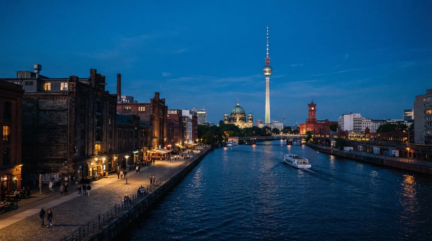 Berlin TV tower and the Spree river at blue hour