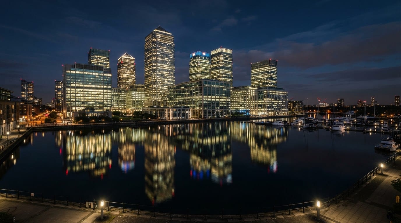 Canary Wharf towers reflected in the docks at night